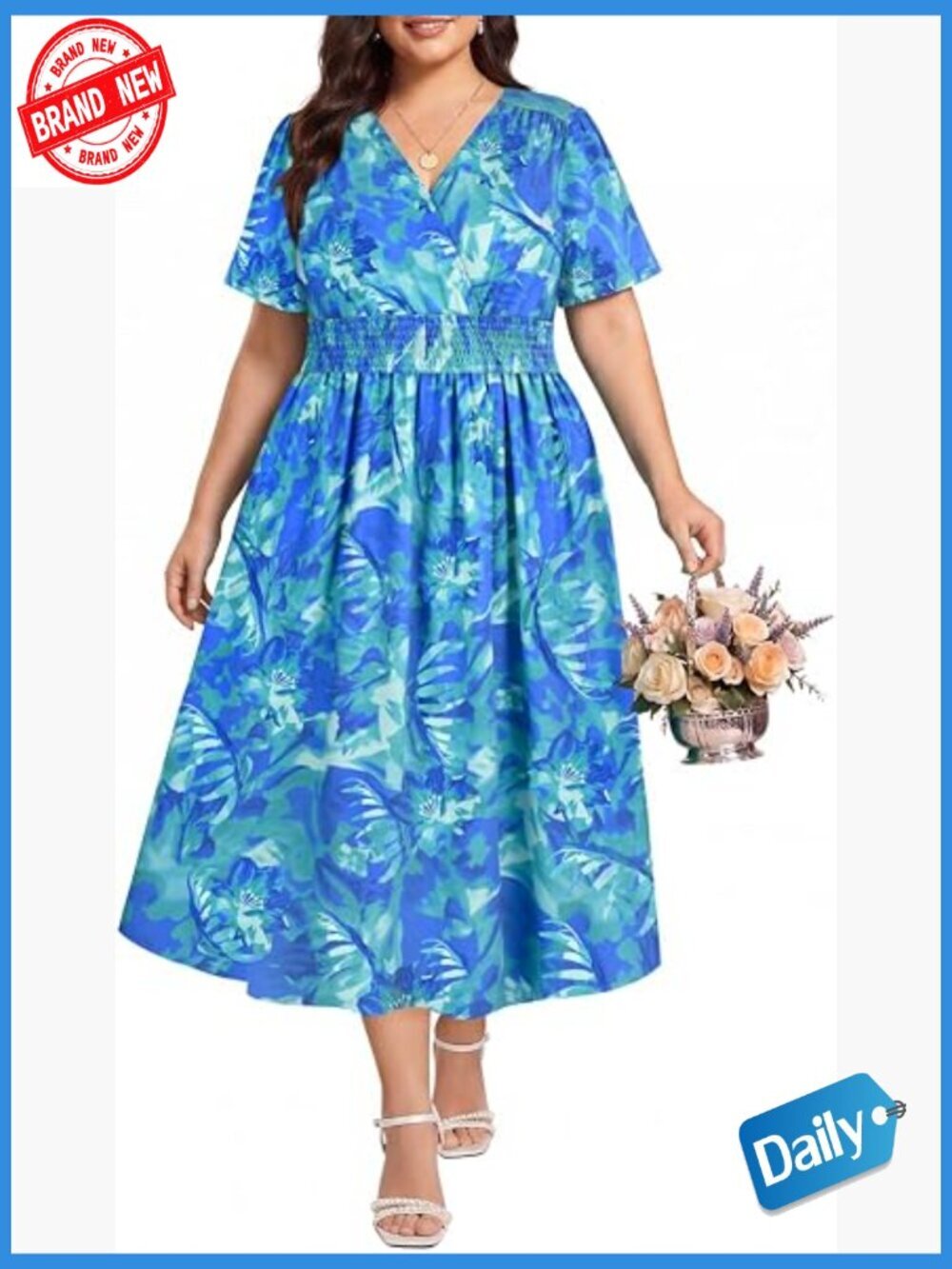 Plus Size Maxi Dress V Neck Short Sleeve Floral Boho Smocked Waist Beach Dress